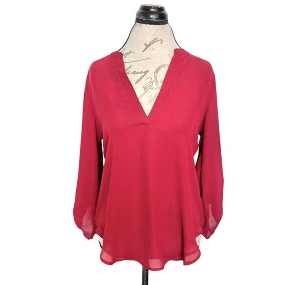 Lush Blouse Size Medium Red Popover V Neckline Rolled up Cuffs Christmas Holiday